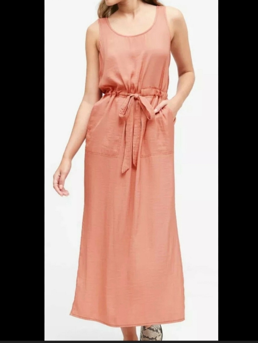 BANANA REPUBLIC‎ Sunkissed Pink Satiny Sleeveless Tie Waist Utility Maxi Dress